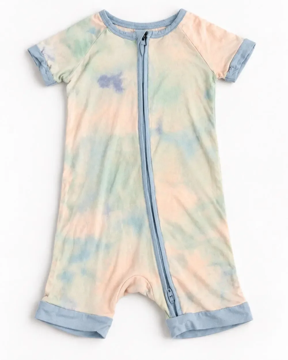 Little Sleepies 2T short sleeve zip romper in a pastel tie-dye print.